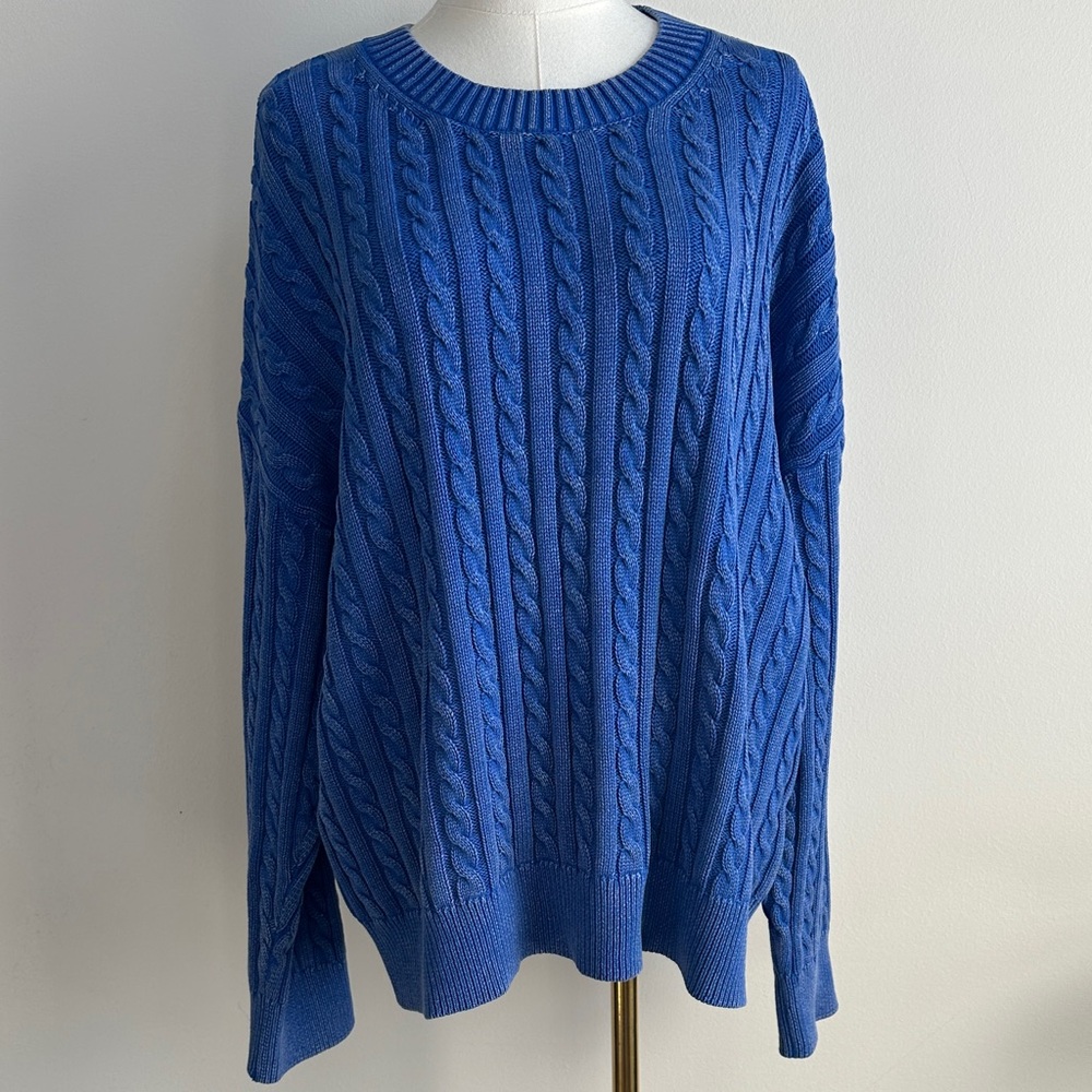Torrid Womens 2 Blue Chunky Cable Knit Cotton Sweater‎ Preppy Fisherman Pullover